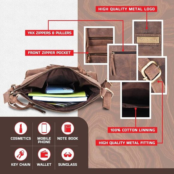 Genuine Leather Crossbody Bag with front Metal Zipper Pockets and long handle - - Picture 5 of 7